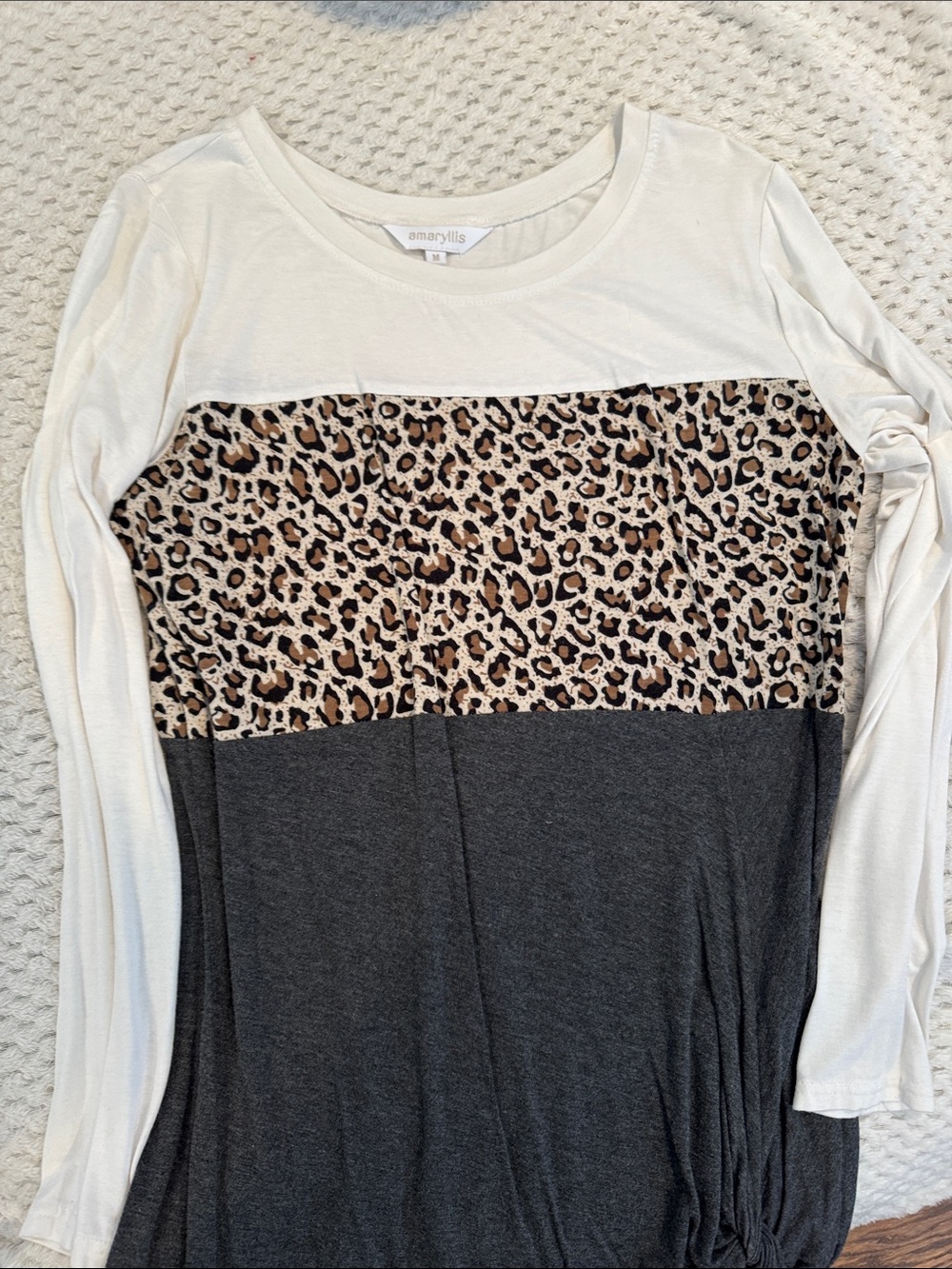 Amaryllis Colorblock Leopard Panel Long Sleeve Top - White, Brown, Charcoal
